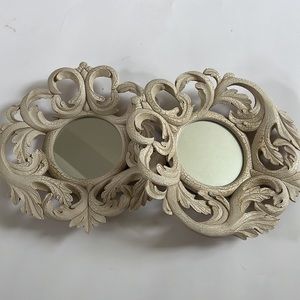 Pair of (2) cream cast plaster Vintage round wall mirrors baroque crackle EUC